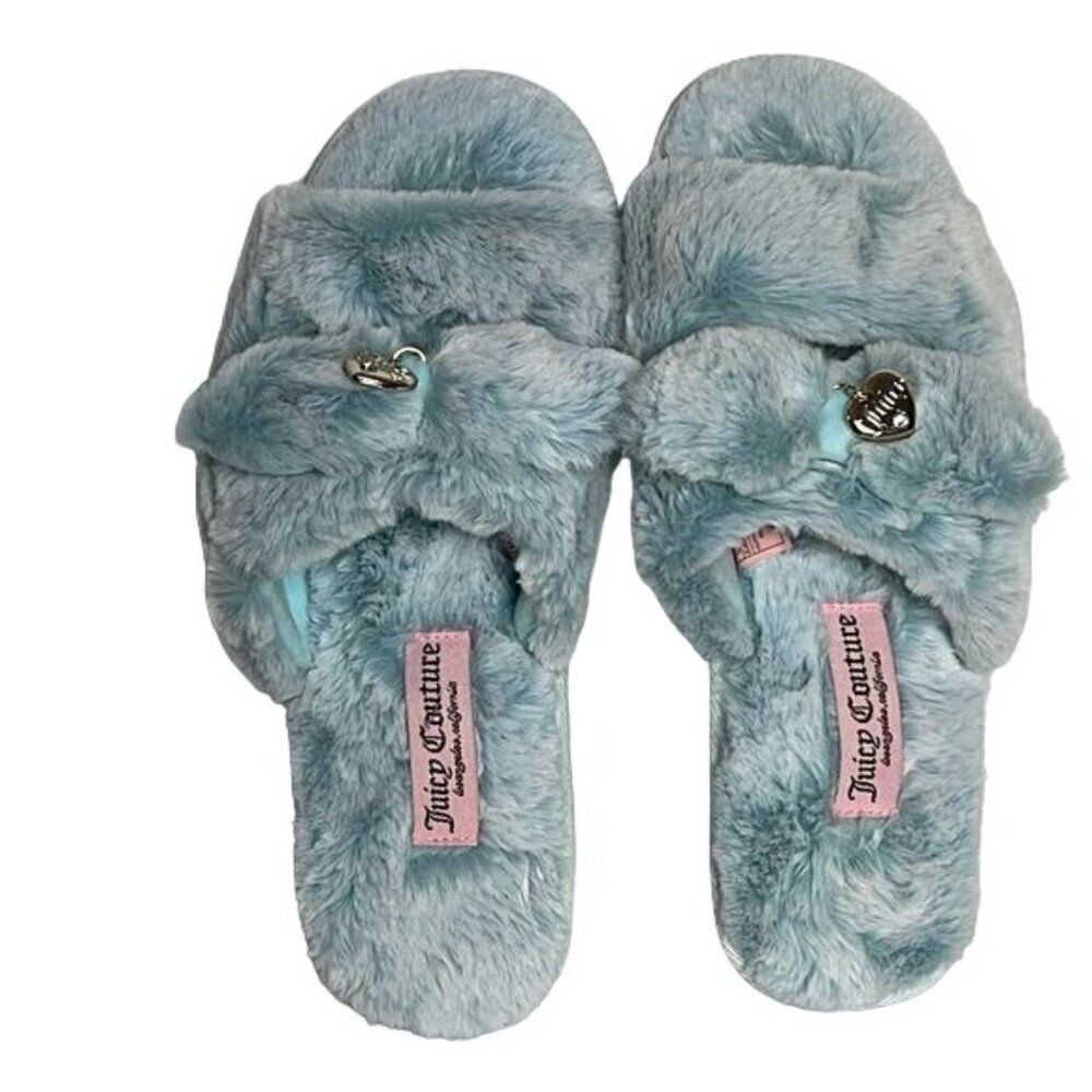 Juicy Couture Blue Fluffy Heart Charm Slippers, size women’s 11, excellent cond.